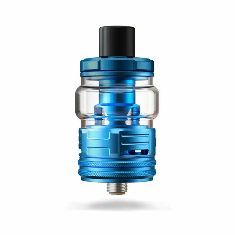 Blue and clear vaping device on a white background