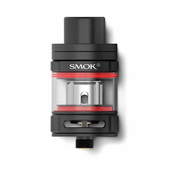 A SMOK vape tank mod with a black body, clear glass chamber, and red accent rings, shown on a white background.