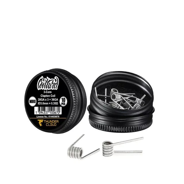 3core Clapton Coils Ni80 0.35 Ohm Thundercloud X Coilturd packaging with coils on a white background