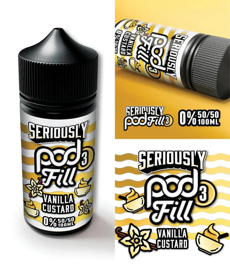 Seriously Pod Fill Vanilla Custard e-liquid bottle with packaging on a white background