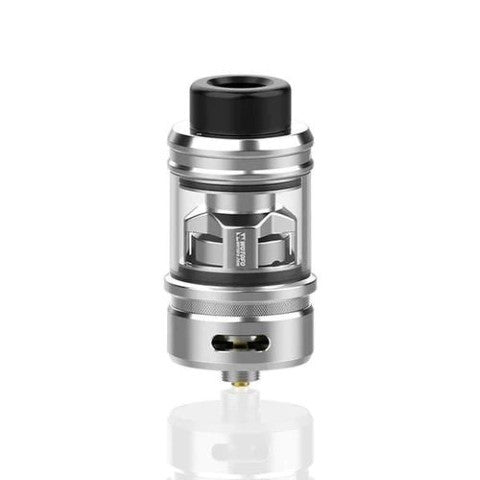 A metallic silver and black vape tank mod with a clear glass tank body, shown on a reflective white background.