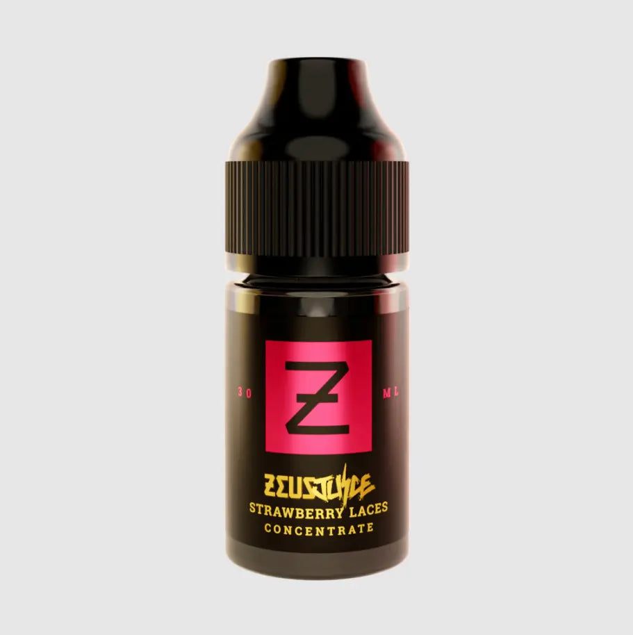 Zeus Strawberry Laces concentrate bottle on a light gray background