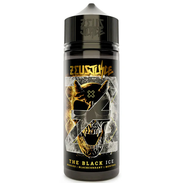 Vape juice bottle with black and gold design on a white background