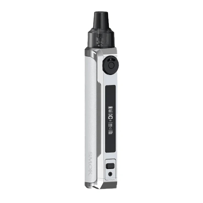 A silver and black SMOK vape device with a digital display showing 100% battery, set against a plain white background.