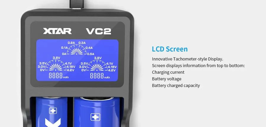 Xtar VC2 Battery Charger | Dual Bay Digital Charger | bearsvapes.co.uk