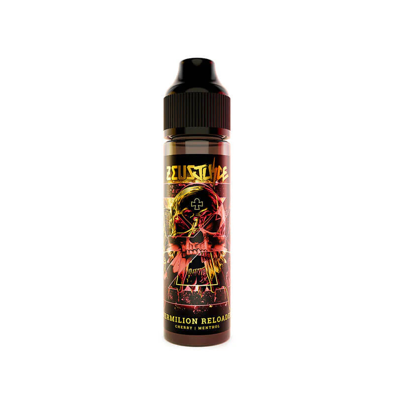 50ml Zeus Juice Vermilion Reloaded 70:30 e-liquid bottle on a white background.