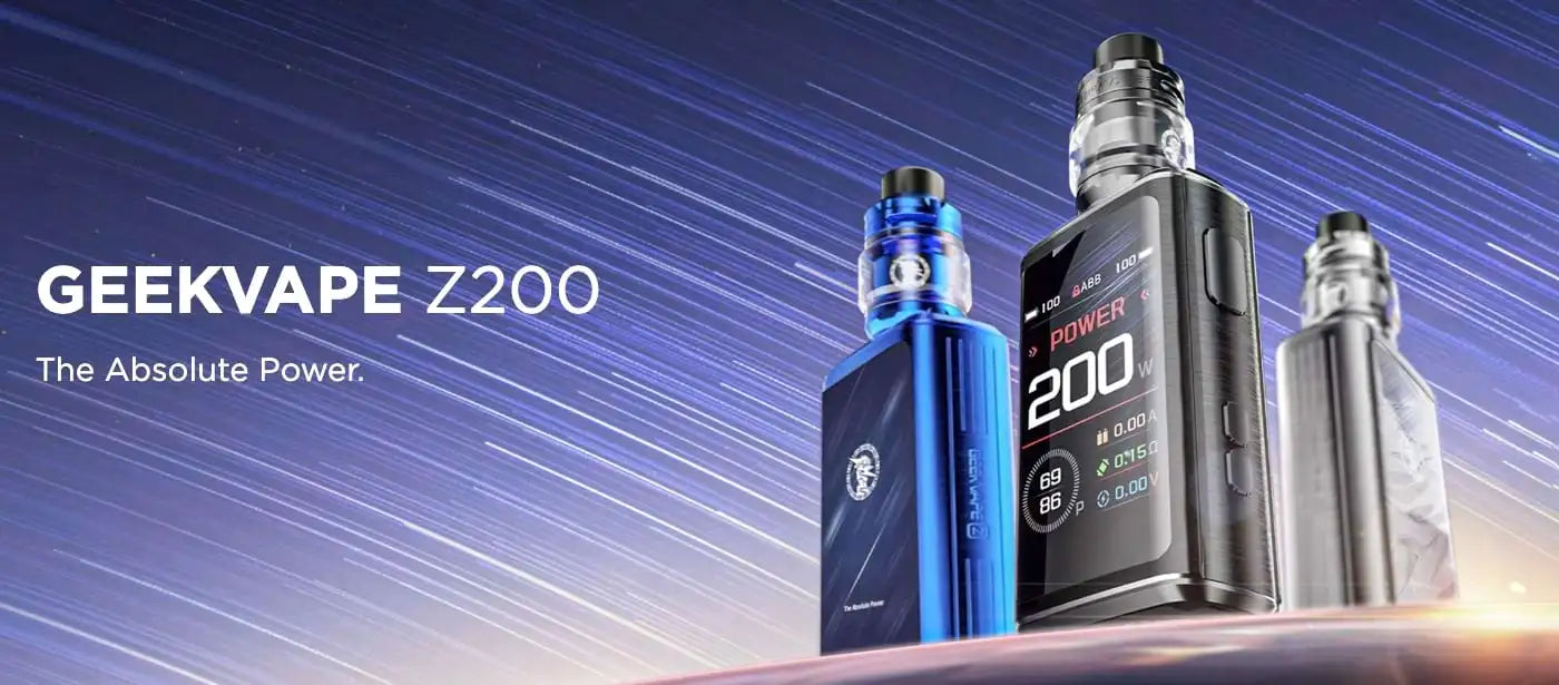 Geekvape Z200 vaping device with power display on a blue gradient background