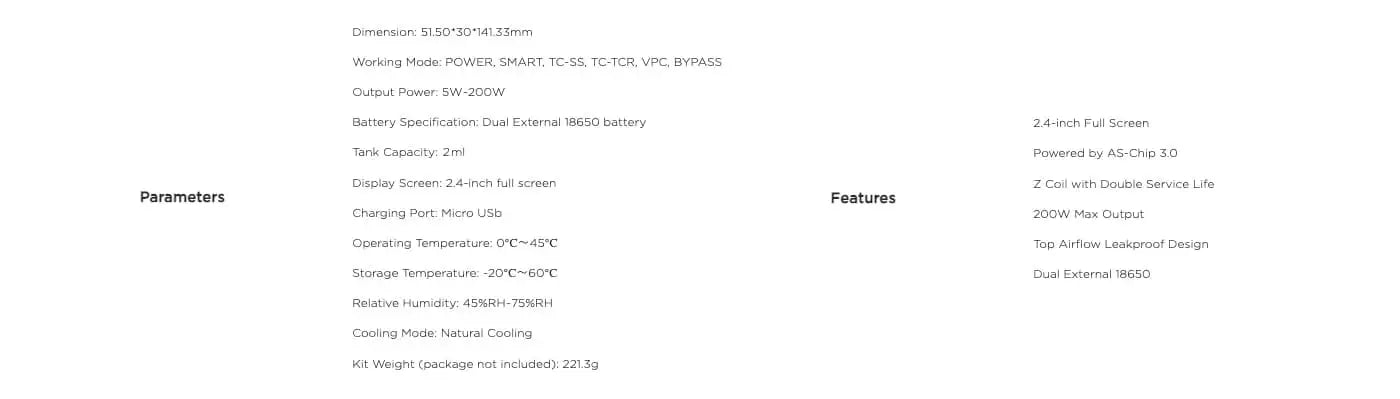 Technical specifications of the Geekvape z200 displayed on a white background