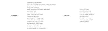 Technical specifications of the Geekvape z200 displayed on a white background