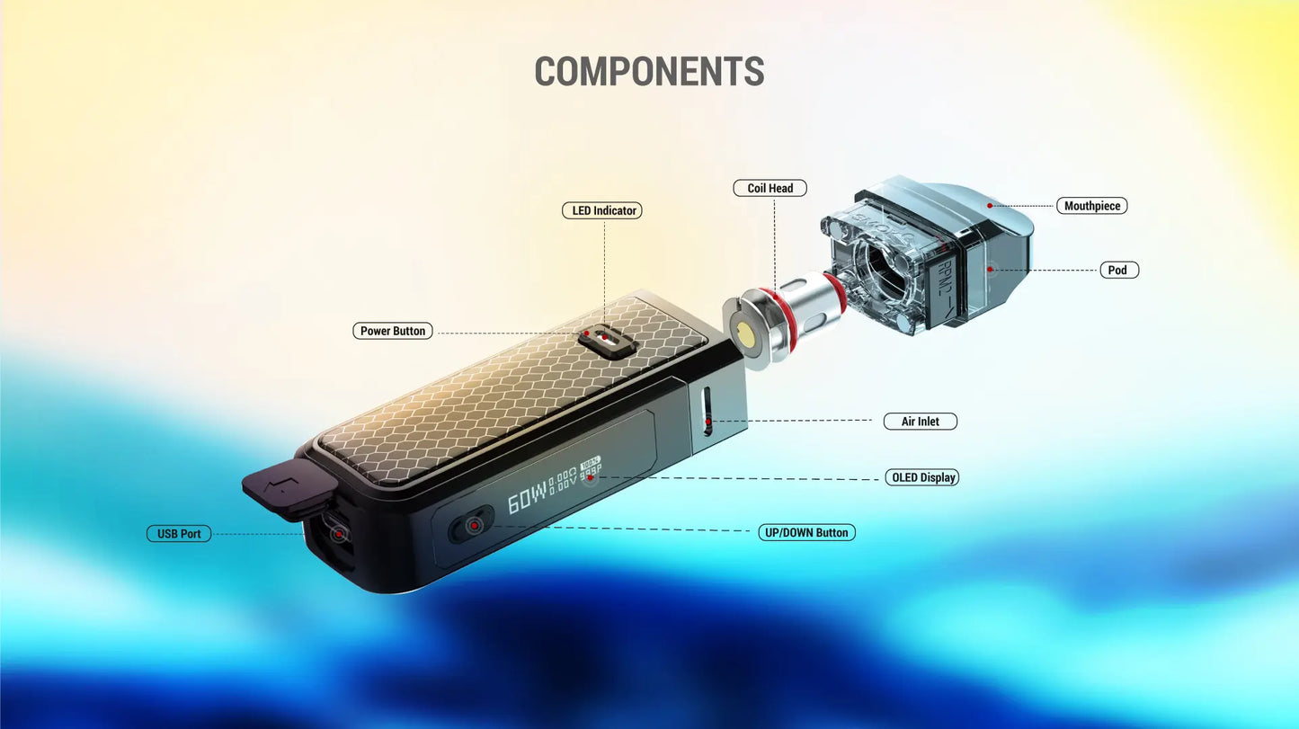 Diagram of a vaping device with labelled components on a gradient background