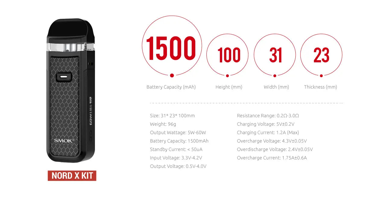 Vaping device with specifications on a white background