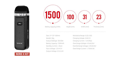 Vaping device with specifications on a white background
