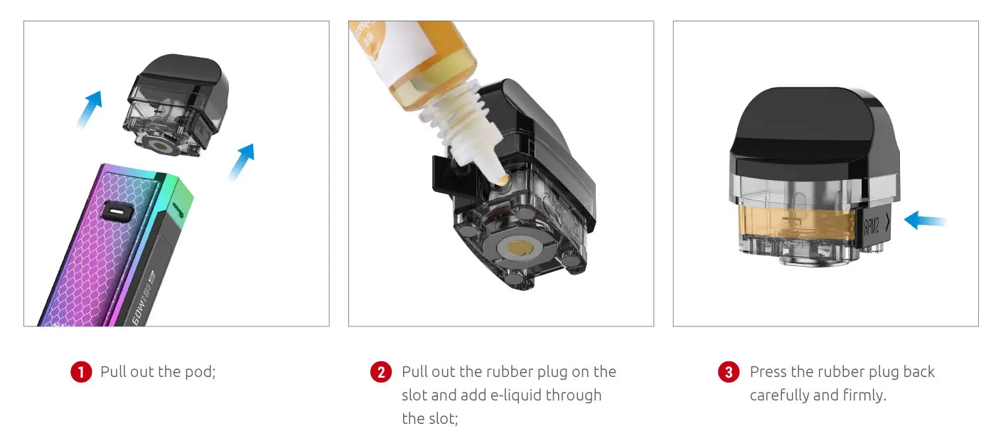 Three-step instructional diagram showing how to remove and refill a vape pod cartridge, with numbered steps and arrows on a white background.