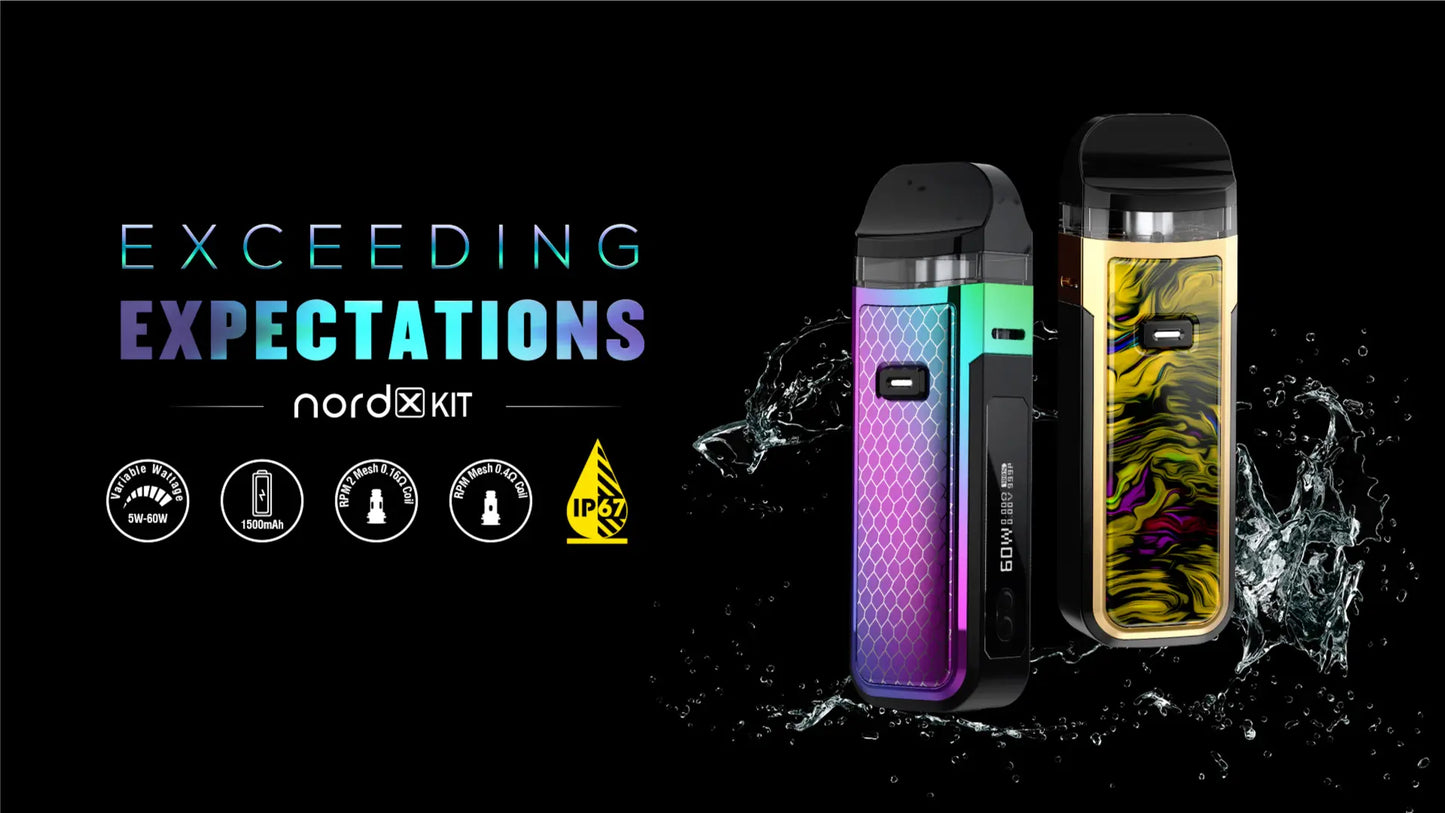 Two vape devices with water splashes on a black background, featuring the brand 'nordxkit'.