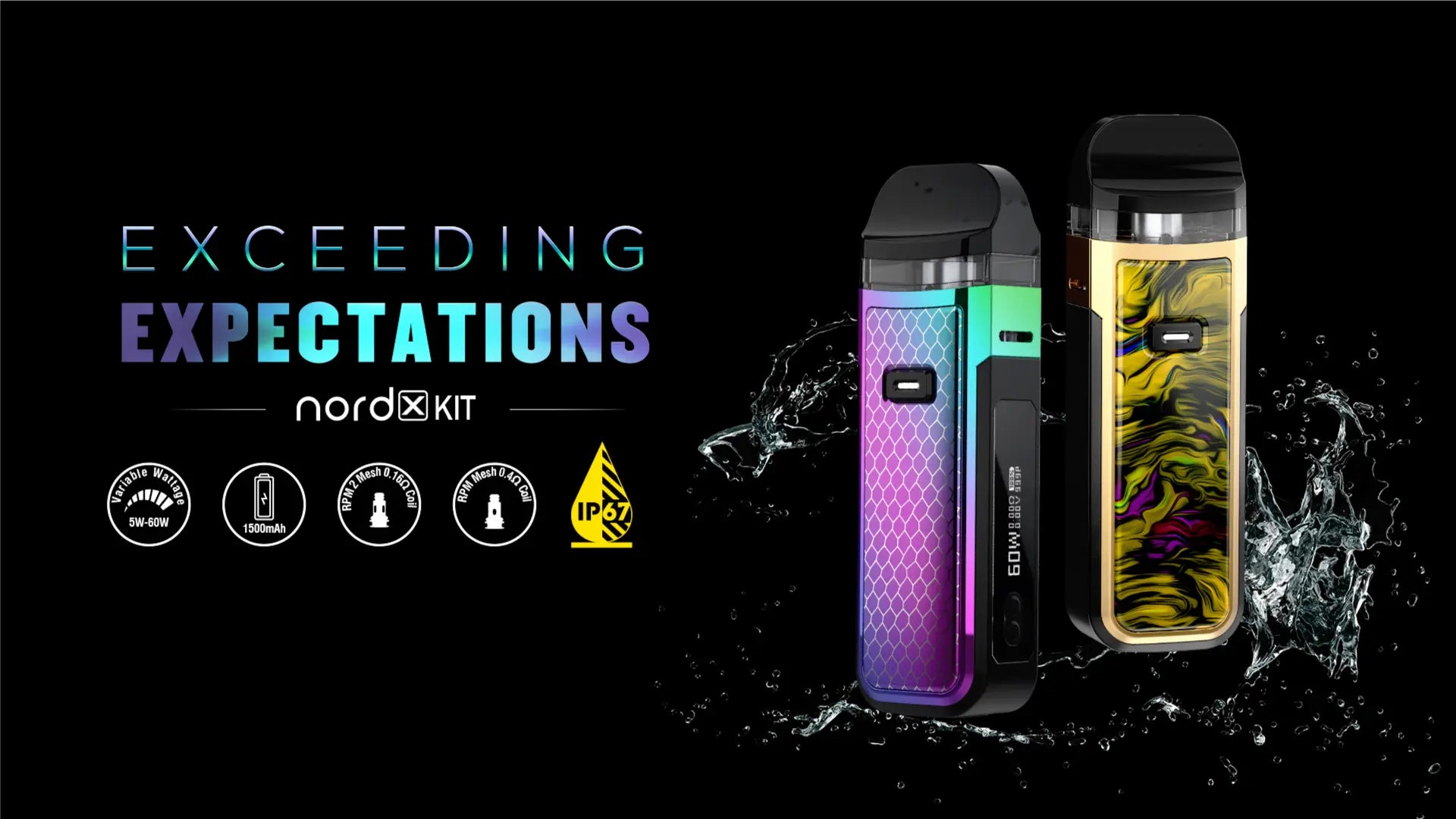 Two vape devices with water splashes on a black background, featuring the brand 'nordxkit'.