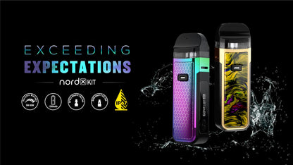 Two vape devices with water splashes on a black background, featuring the brand 'nordxkit'.