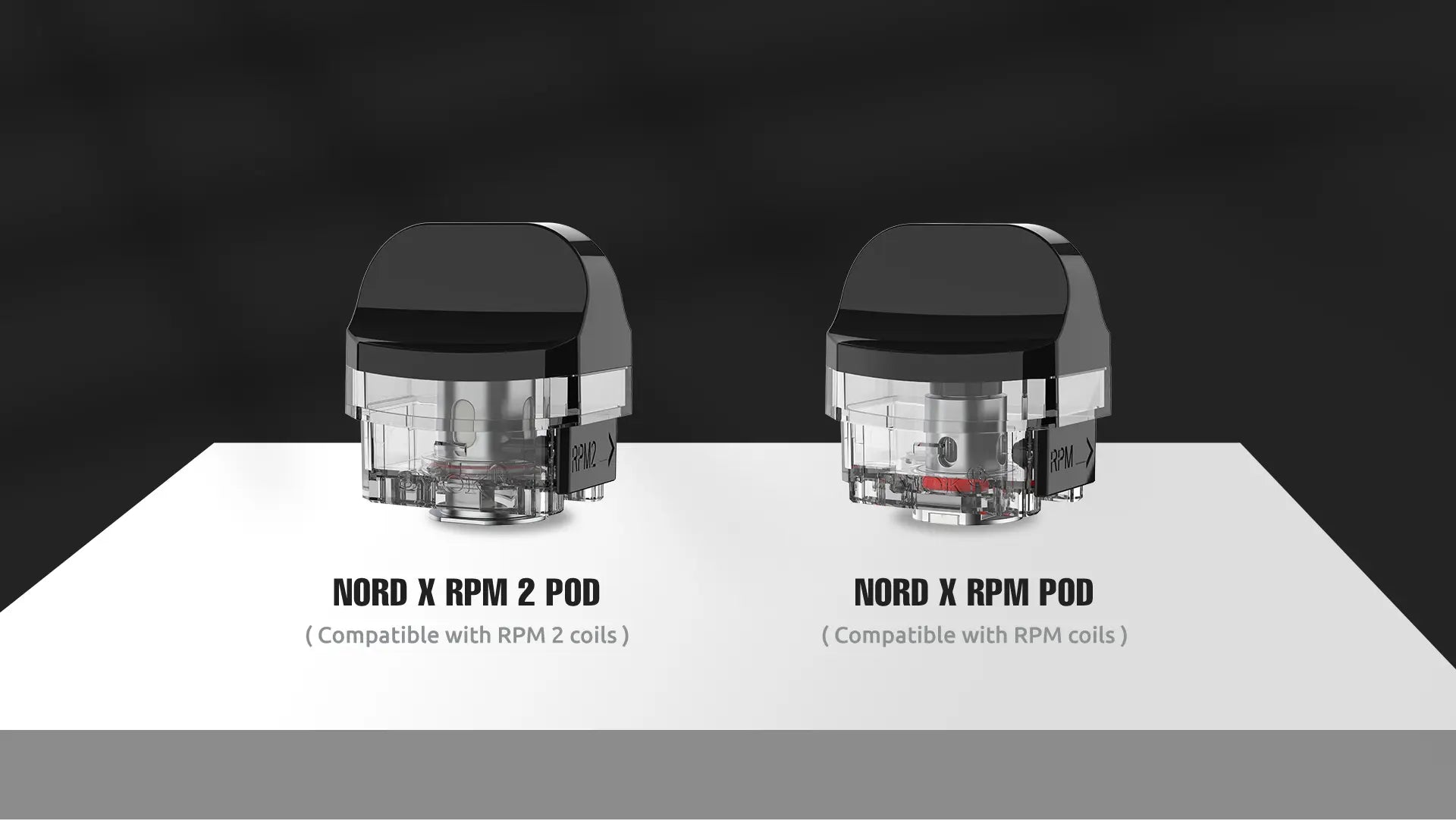 Two NORD X RPM pod devices on a white platform with a black background