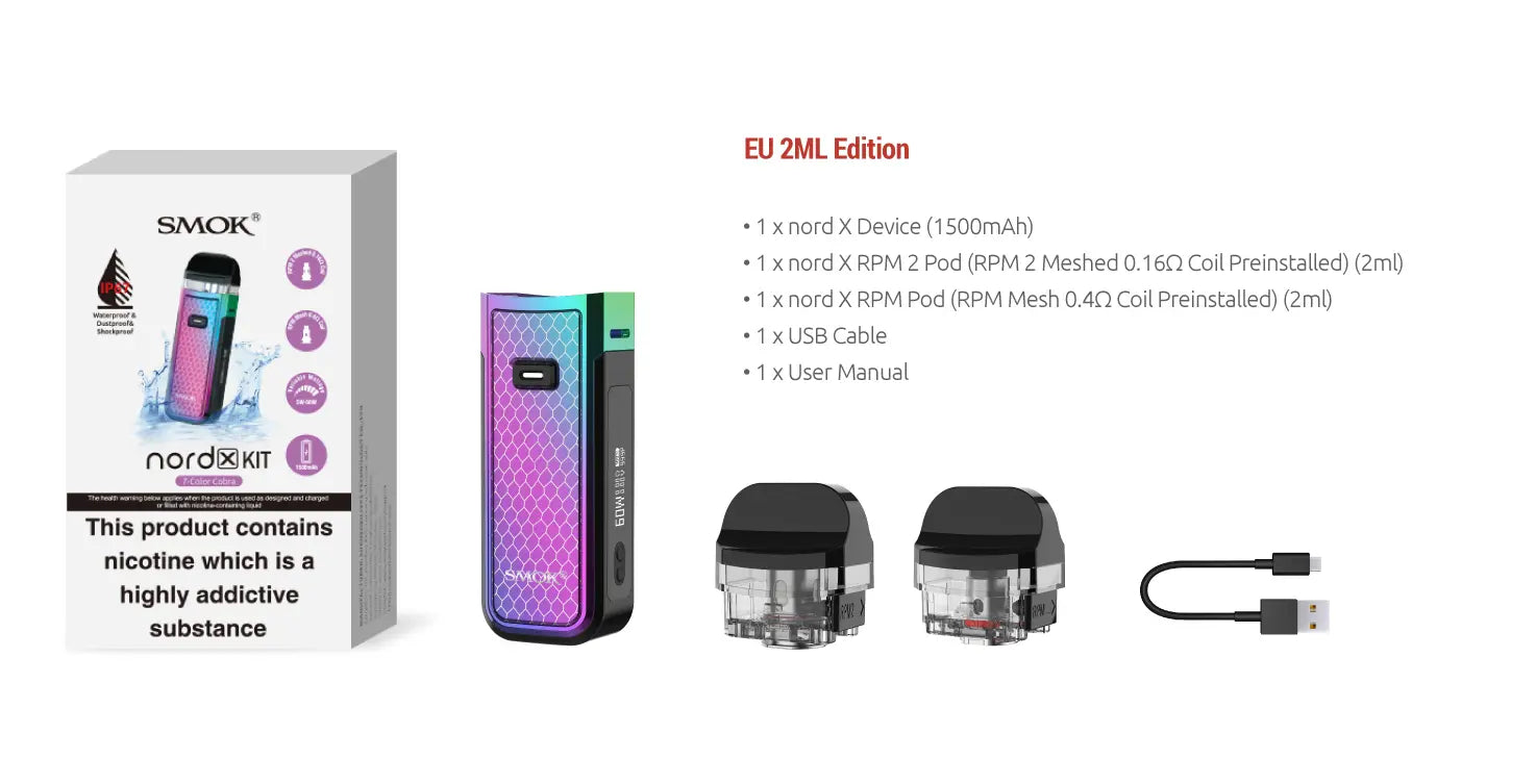 Smok Nord X Pod Kit EU 2ML Edition vape kit set, featuring a white retail box, a purple and green striped vape device, two black pods, and a USB cable on a white background with product specifications listed on the right.