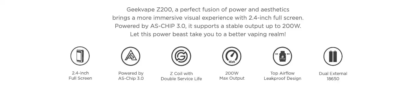 Product description and features of the geekvape z200 vaping device on a white background