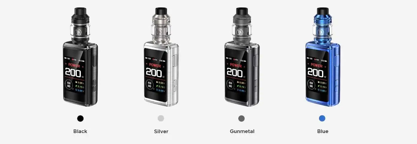 Four vaping devices in different colors with '200' displayed on screens.