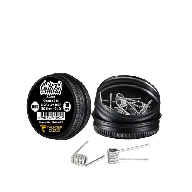 3core Clapton Coils Ni80 0.4 Ohm Thundercloud X Coilturd Coil pack with coiled wires on a white background
