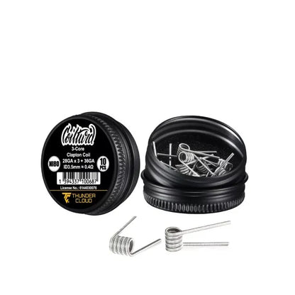 3core Clapton Coils Ni80 0.4 Ohm Thundercloud X Coilturd Coil pack with coiled wires on a white background