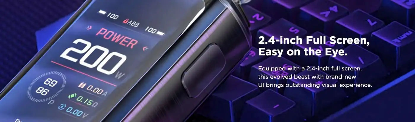 Geekvape Z200 with a 2.4-inch full screen on a dark background