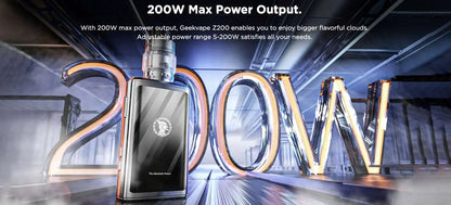 Geekvape Z200 vape device with 200W max power output text on a dynamic background