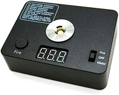 Black electronic device with digital display and buttons on a white background