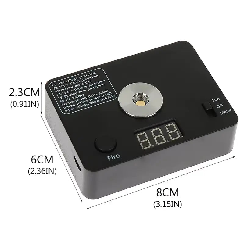 521 Tab Mini Ohm Meter Tester with digital display and fire button, showing dimensions on a white background.