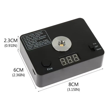 521 Tab Mini Ohm Meter Tester with digital display and fire button, showing dimensions on a white background.