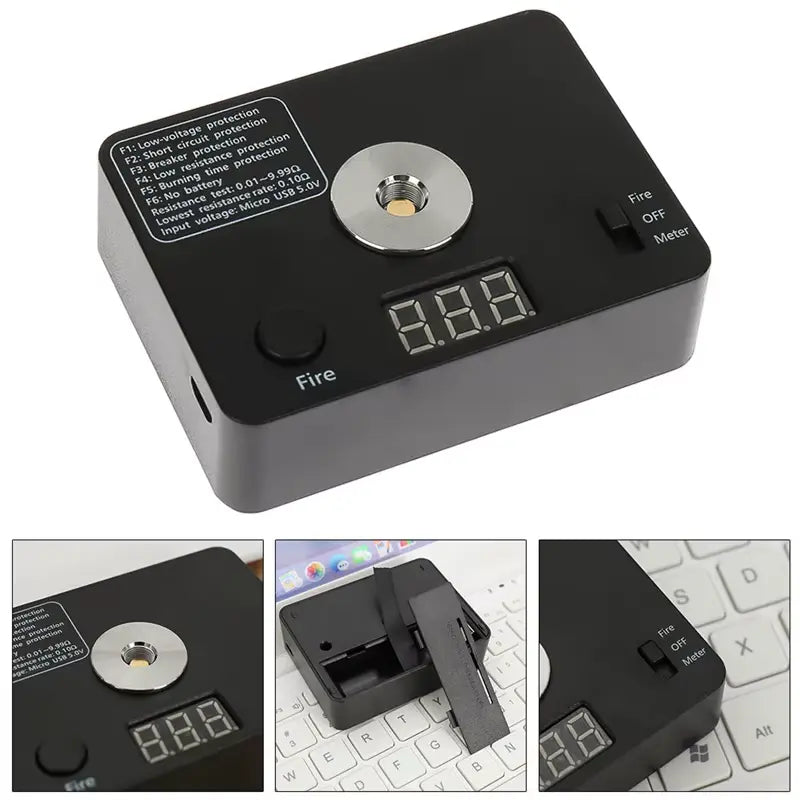Black electronic device with digital display on a white background