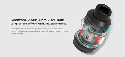 Geekvape Z Sub-Ohm 2021 Tank with detailed view on a white background