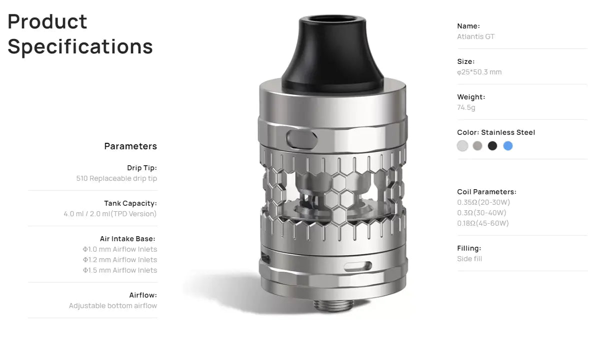 Aspire Atlantis GT Vape Tank FREE Glass & 5 Coils | bearsvapes.co.uk