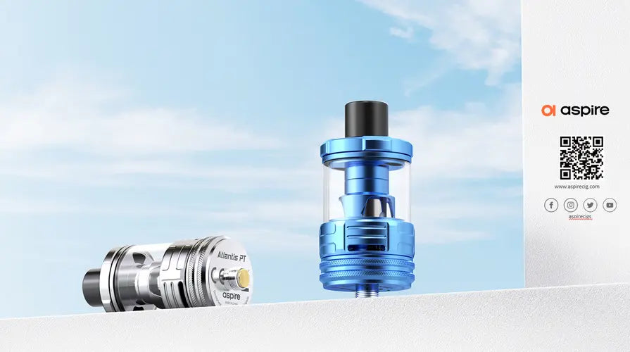 Vape device with blue and silver components against a sky background, featuring the Aspire brand.