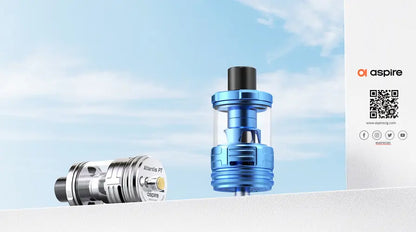 Vape device with blue and silver components against a sky background, featuring the Aspire brand.