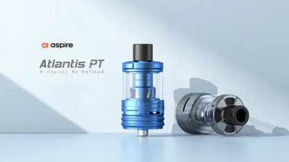 Aspire Atlantis PT vape device on a light gray background with Aspire branding.
