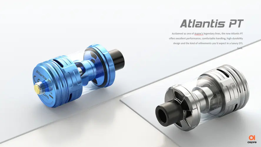Two vaping components, one blue and one silver, on a white background with 'Atlantis PT' branding.