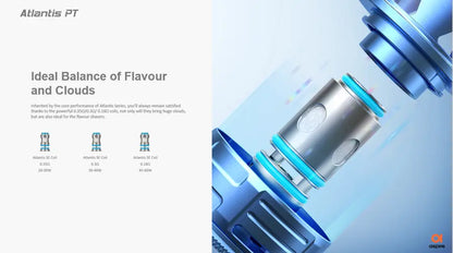 E-liquid bottle with blue and silver design on a light blue background, featuring text about 'Ideal Balance of Flavour and Clouds'.