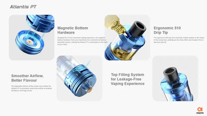 Ergonomic 510 drip tip with magnetic bottom hardware and top filling system on a white background