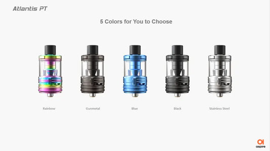 Five different colored Atlantis PT vape tanks on a white background