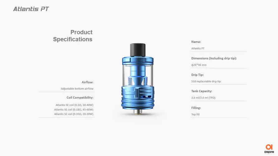 Blue Atlantis PT vape device with specifications on a white background