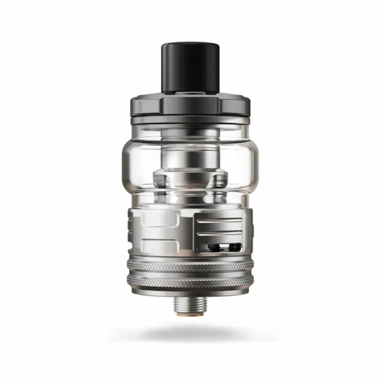 Clear and silver vaping device on a white background