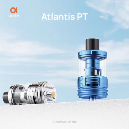 Aspire Atlantis PT vaping device with a blue and silver design against a clear sky background.