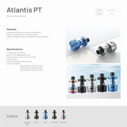 Product page for Atlantis PT vaping device with images and specifications.