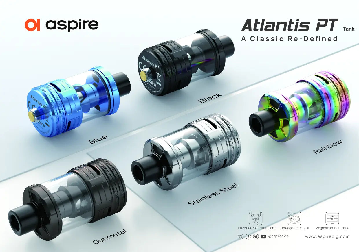 Aspire Atlantis PT tank in various colors on a white background