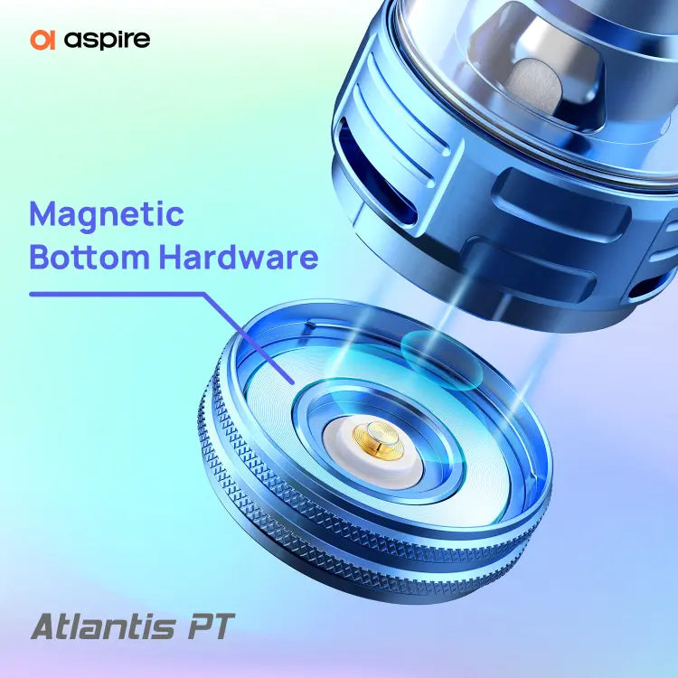 Close-up of Aspire Atlantis PT vaping device with magnetic bottom hardware feature highlighted.