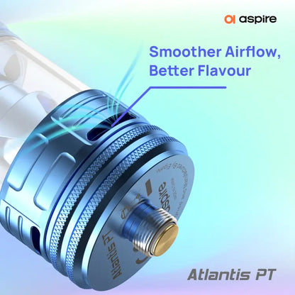 Close-up of a vaping device with 'Aspire' branding and text about smoother airflow and better flavor.