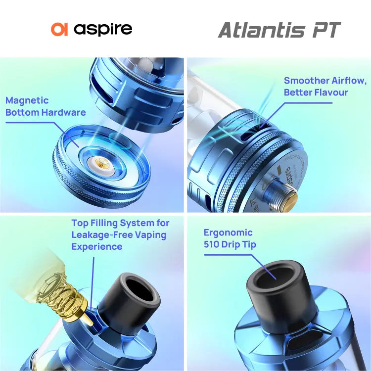 Aspire Atlantis PT vaping device with labeled features on a blue gradient background