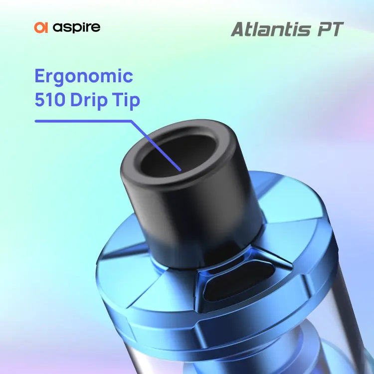 Ergonomic 510 drip tip of an Aspire Atlantis PT vaping device on a gradient background.
